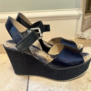 Navy Patent Leather Wedge Sandals